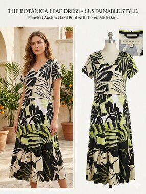 OLSEN Eco Friendly Tiered Leaf Print V-Neck Midi Dress - Size 6